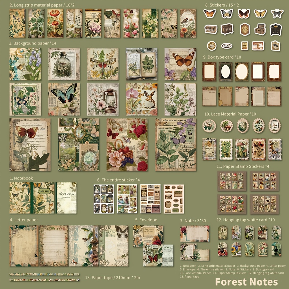Image of 201pcs Vintage Paper Set, Junk Journal Kit With Grid Paper And Stickers, For Crafts Journal And Card Making, Additions And Office Stationery