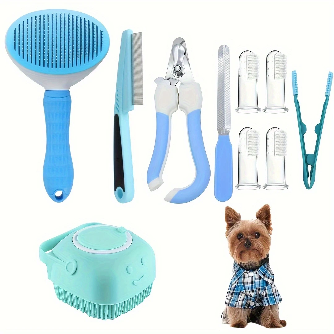 pet grooming kit with self cleaning brush nail clippers file eye comb flea comb silicone toothbrush shampoo massage brush for dogs and cats stainless steel tools details 7