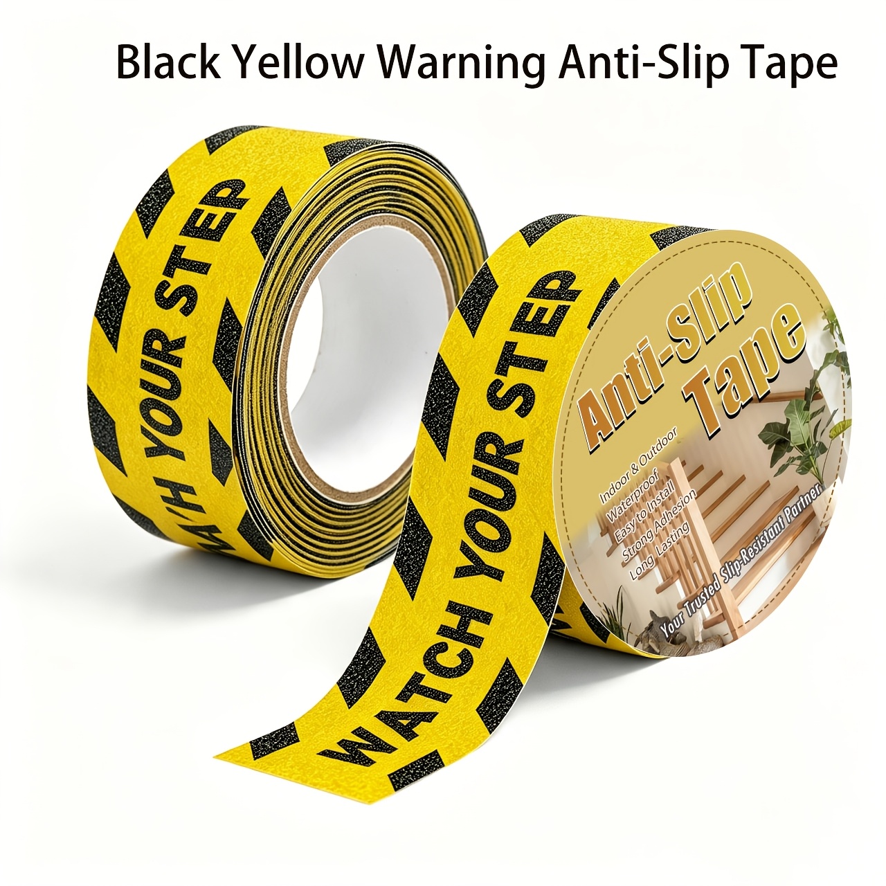 TEMU 1 Roll 2 In 16.4ft Yellow Black Warning Anti-slip Tape, Dual-function Warning And Anti-slip, Coarse Grit, Indoor Outdoor Self-adhesive,