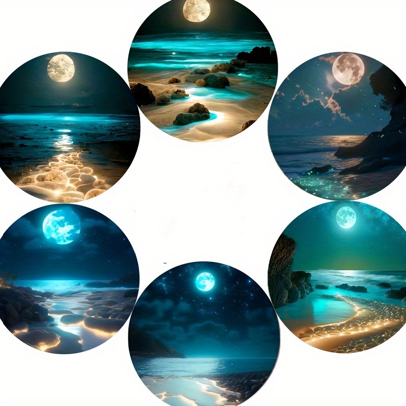 

6-piece Coastal Scenery Wooden Coasters Set, Heat Resistant Drink Mats For Home, Cafe, Tea & Coffee Cups - Round Wood Cup Mats With Moonlit Sea Designs