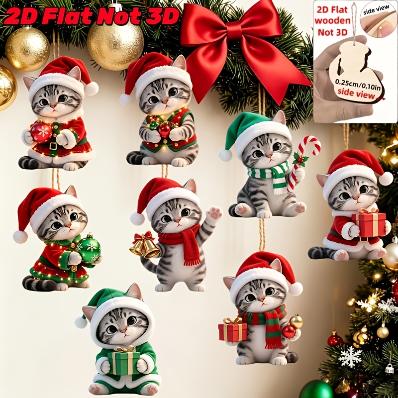 TEMU 2d Flat, 2d Flat - 8pcs Set Of Cute Cats Wearing Christmas Outfits Wooden Ornaments - 2d Flat, Not 3d | , Wooden Material | Suitable For