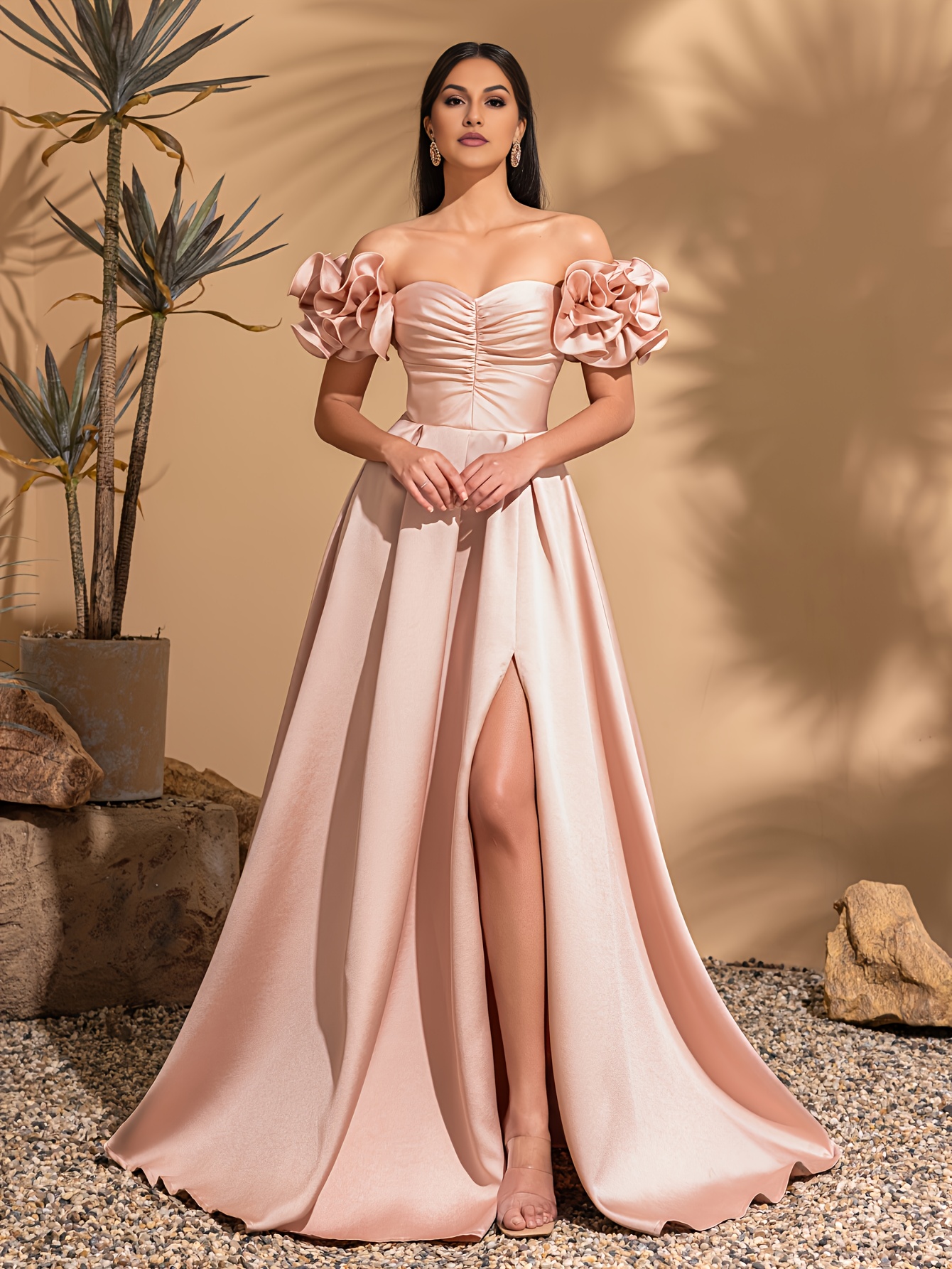 Elegant Off-Shoulder Satin Formal Dress with Puff Sleeves High-Low Hem  Smooth Silky Evening Gown for Weddings and Special Occasion