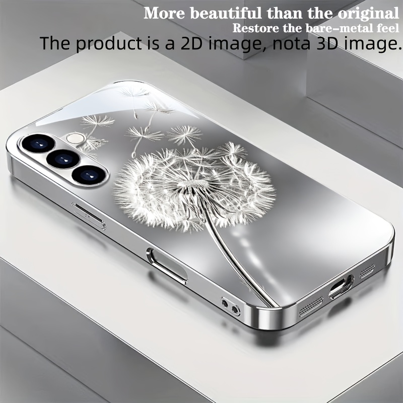 TEMU Phone Case - 2d Flat Silvery Dandelion Fresh Pattern Electroplated Silver Tempered Glass New Phone Case For Galaxy