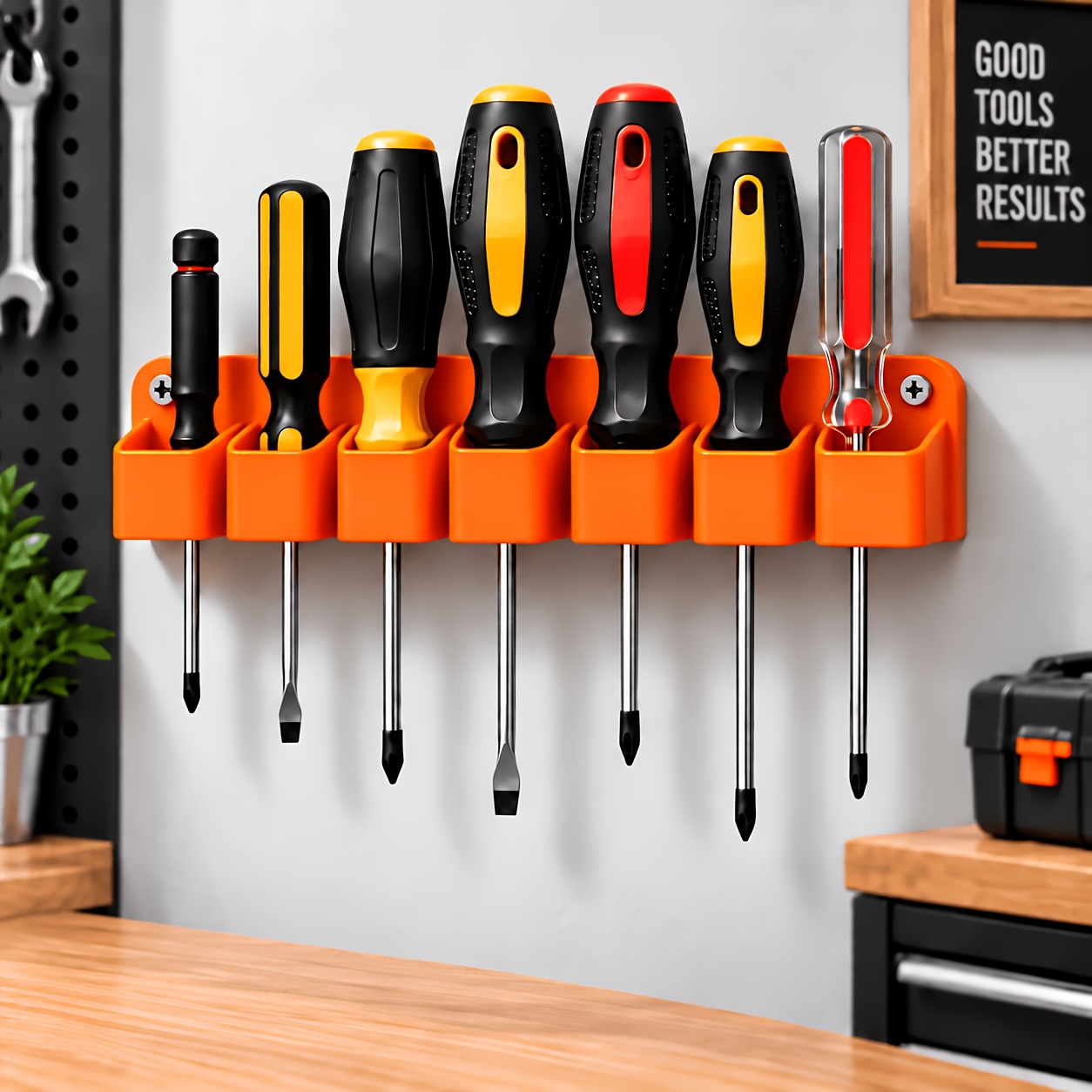 TEMU Organizador de pared naranja de 7 ranuras para destornilladores y alicates, soporte para herramientas de garaje, estante para clasificar