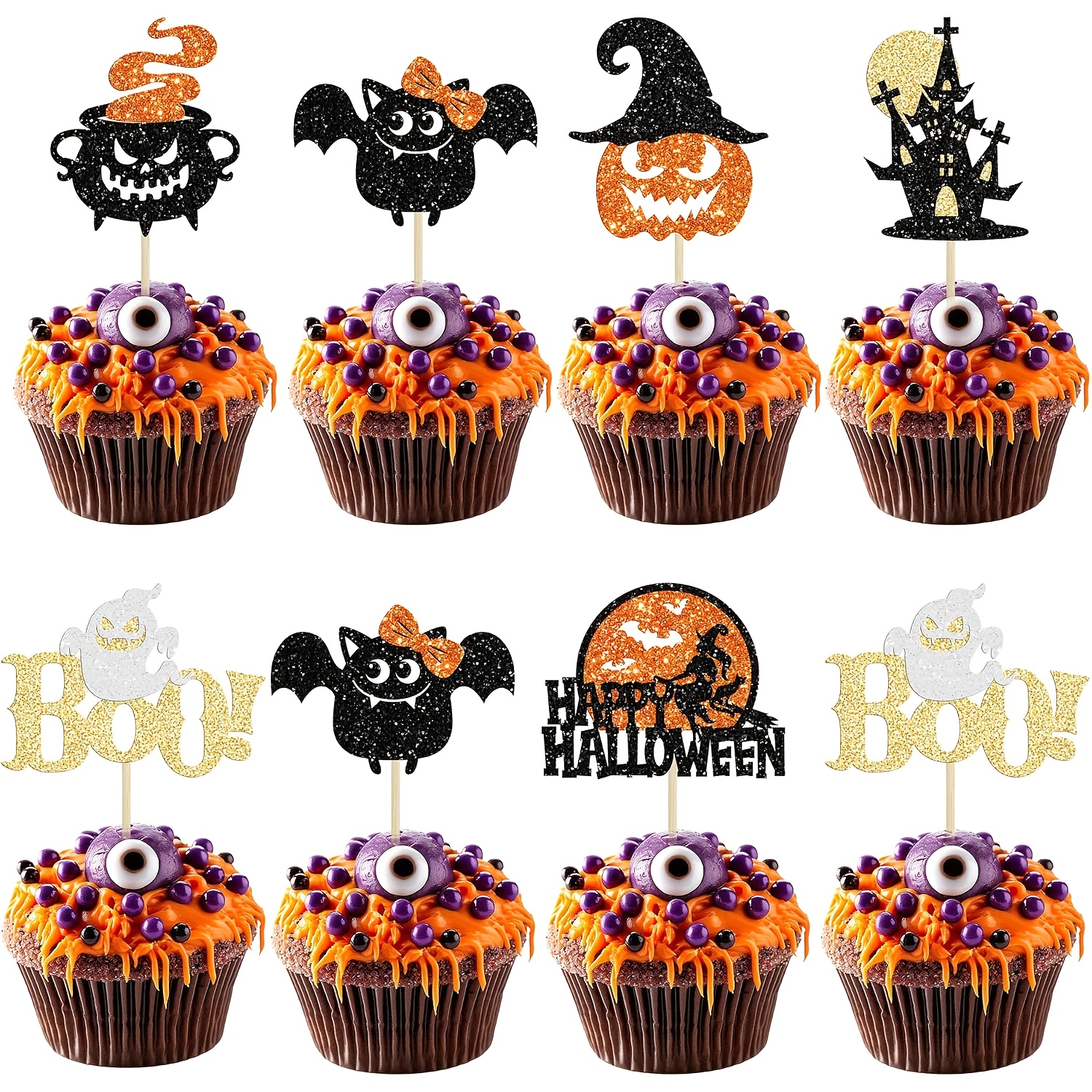 Image of 12pcs Happy For Halloween Cupcake Toppers Glitter For Halloween Cupcake Picks Bat Pumpkin Cupcake Decorations For Halloween Theme Baby Shower Birthday Party Cake Supplies