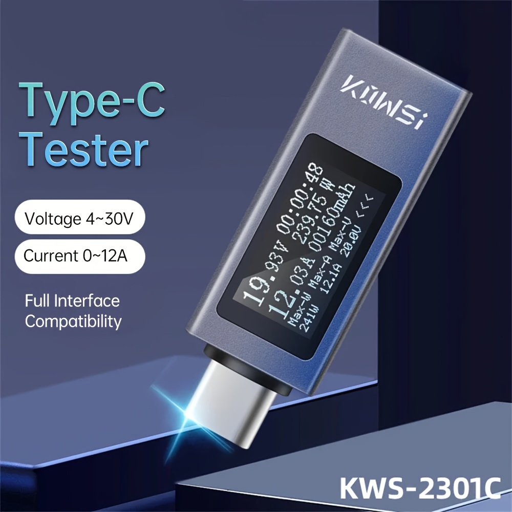 

Kws-2301c Usb Type-c Tester, Multifunction Digital Dc Voltmeter Ammeter Power Meter, Aluminum Alloy, 4-30v Voltage, 0-12a Current, Display Orientation Feature, Full Interface Compatibility