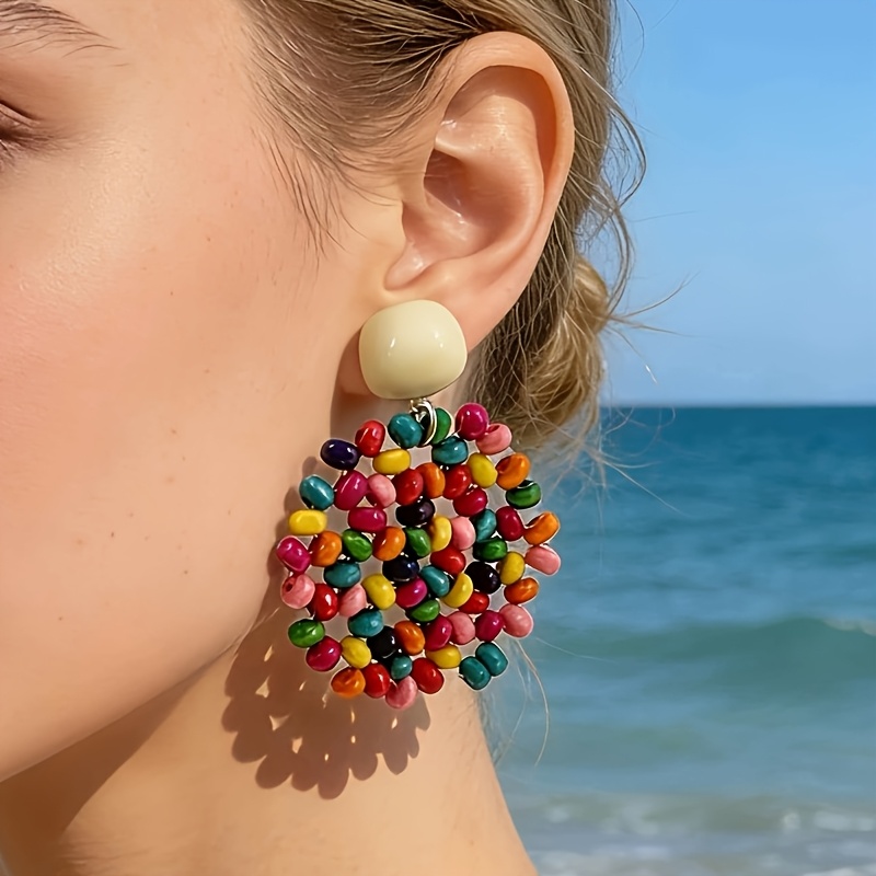 TEMU 1 Pair Of Elegant And Fashionable Rice Bead Woven Flower Pendant Stud Earrings With Square Acrylic . Suitable For Women's Parties, Daily Wear,