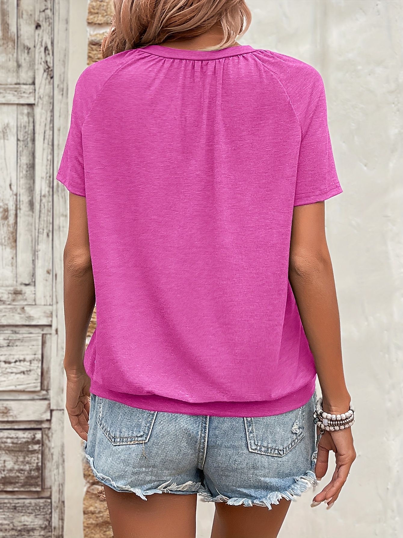 Solid Color V Neck T-Shirt, Casual Short Sleeve T-Shirt For Spring & Summer, Women's Clothing