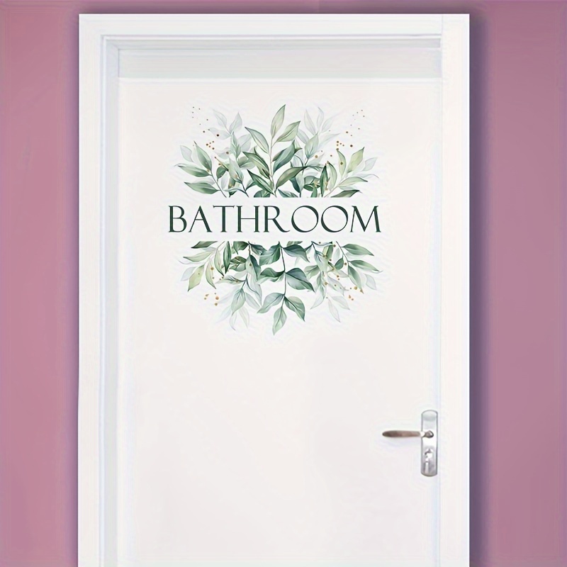 Image of 1pc, Green Leaf Bathroom Door Stickers, Home Bathroom Decorative Door Stickers, Wall Stickers, Suitable For Inside And Outside Door Sizes, To Change The Freshness In