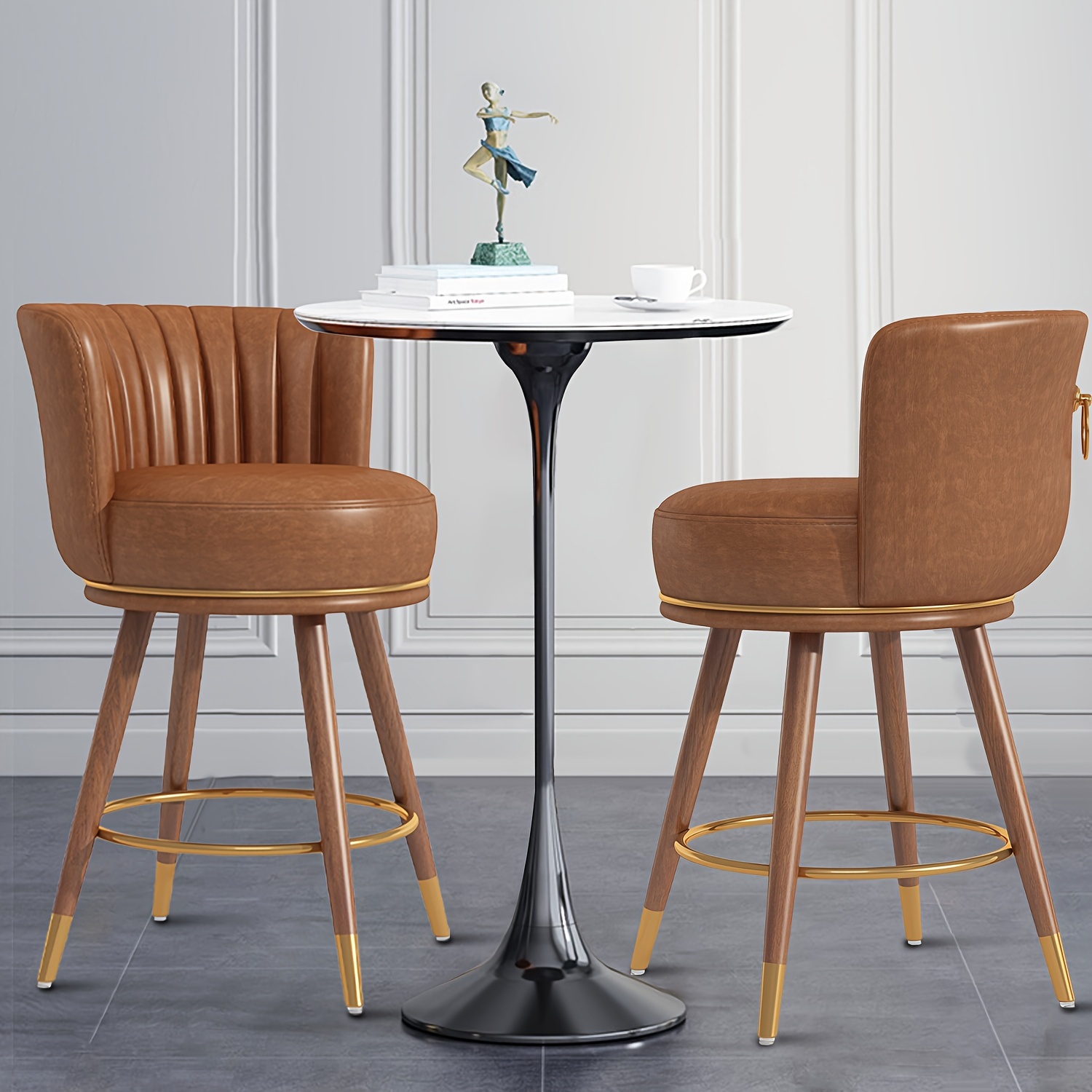 Bar Stools Set Of 2, 26" Faux Leather Upholstered Counter Height Barstools Nailhead Trims Solid Wood Legs Farmhouse Backless Dining Chairs Island Footrest