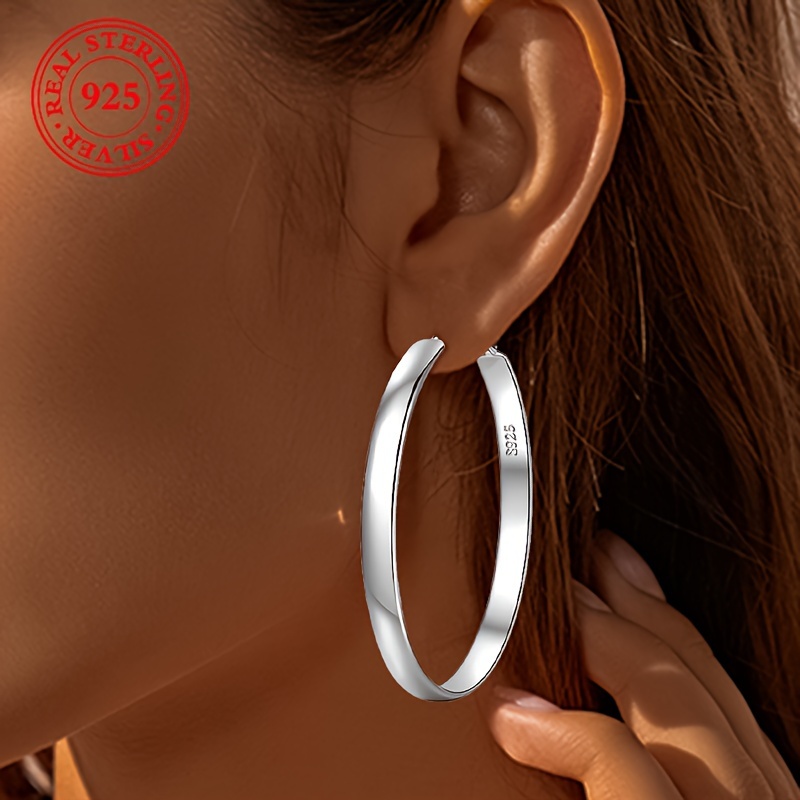 

1pair 925 Sterling Silver Hoop Earrings, Elegant & Simple Style, Fashionable Large Plain Circle Earrings, Geometric Statement Jewelry Accessory Gifts For Women