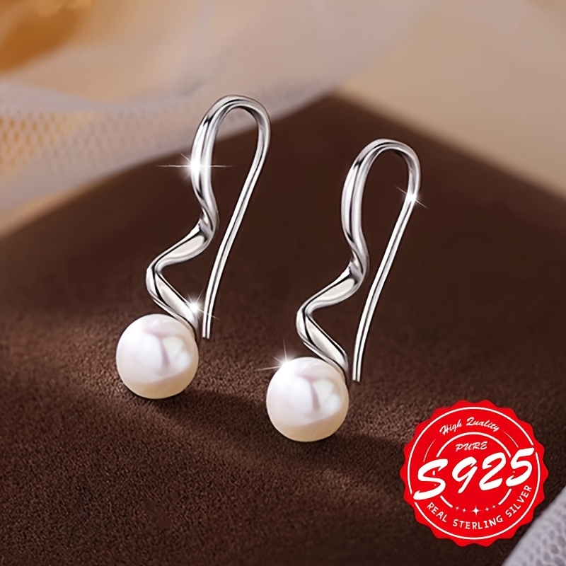 Women's 925 Silver Imitation Pearl Wavy Hook Earrings