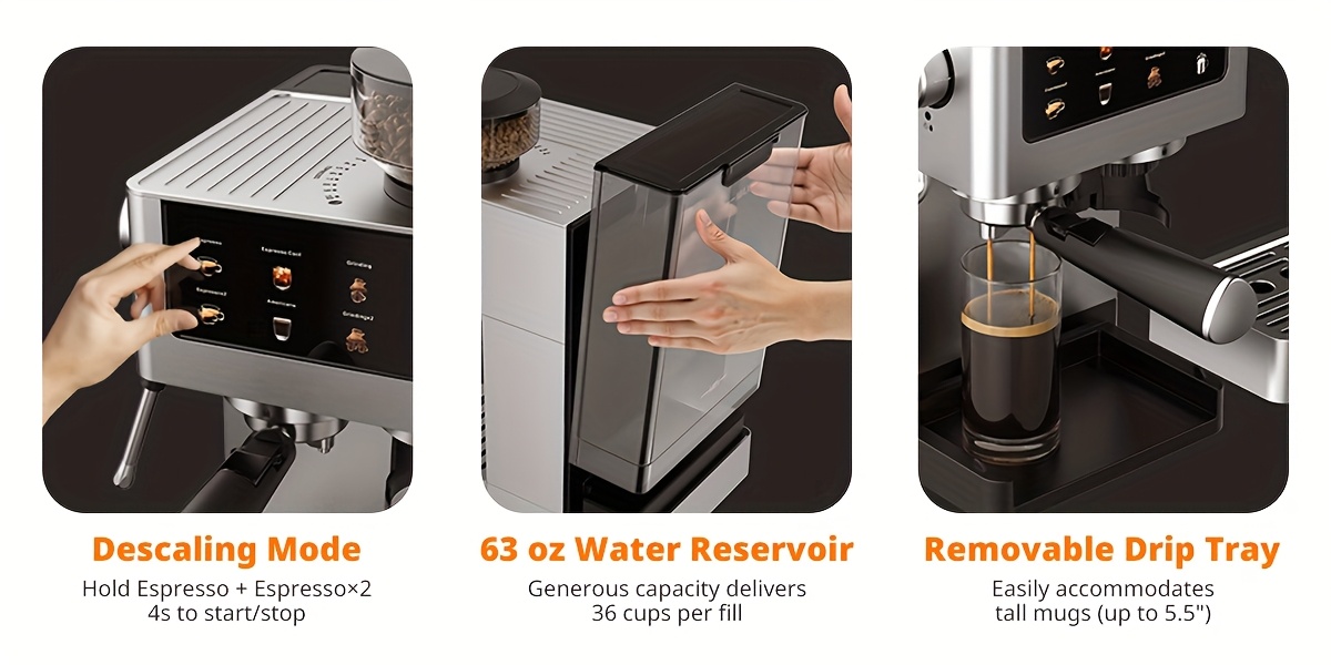 20Bar Italian Espresso Machine, Featuring a Conical Burr Grinder, a Steam Wand for Frothing Milk, a 1.8L Water Reservoir, And a Dual Boiler Heating System, All Made of Stainless Steel. It Can Prepare Cappuccinos, Lattes, Iced Coffee, And Americanos