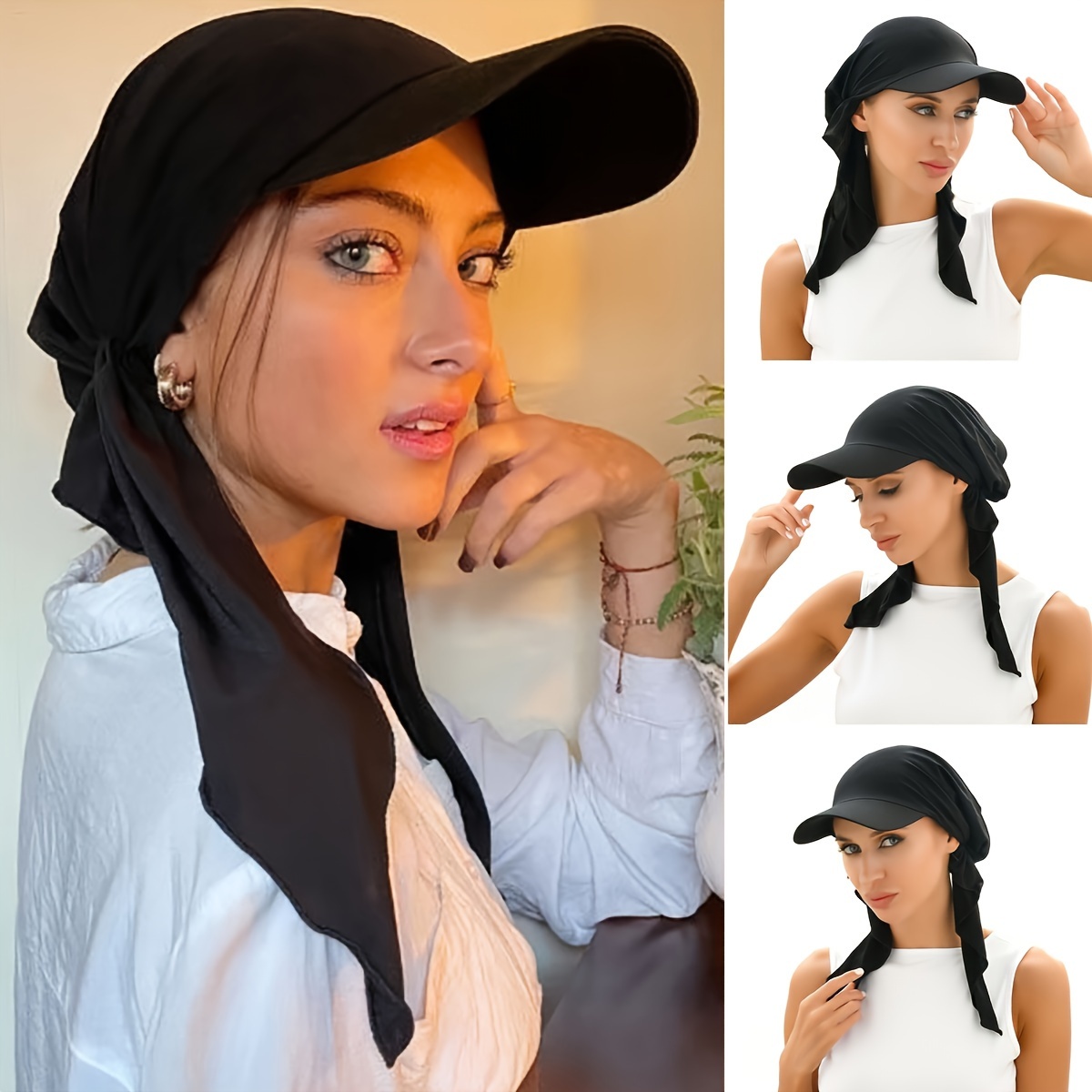 

Adjustable Solid Color Turban Hat With Extended Brim, Elastic Double Tail, Breathable Baseball Cap For Sun Protection Gifts For Eid