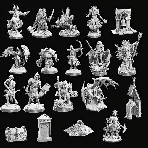 16k miniature figurine ornament and fantasy creature miniature model kit made from 3d printed gray resin material unpainted the set characters such as demons angels skeletons warriors and dragons as well