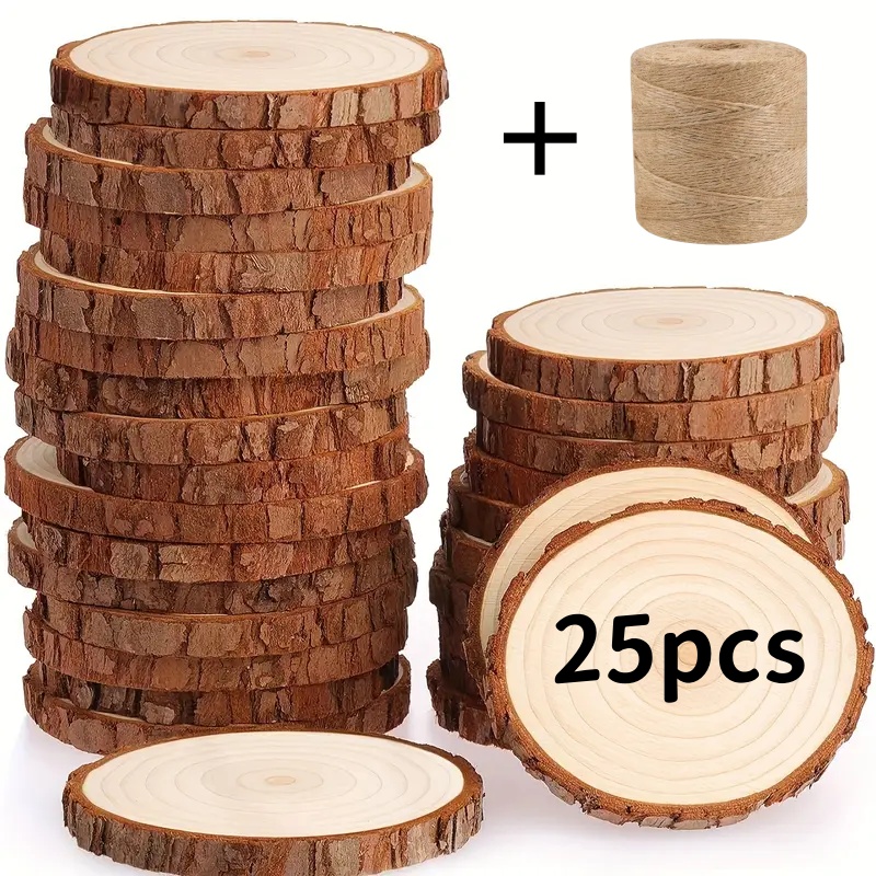 TEMU 25pcs Unfinished Natural Wood Chips - For Diy Handicrafts (including Hemp Ropes), Country Wedding And Festival Decorations, Table Settings,