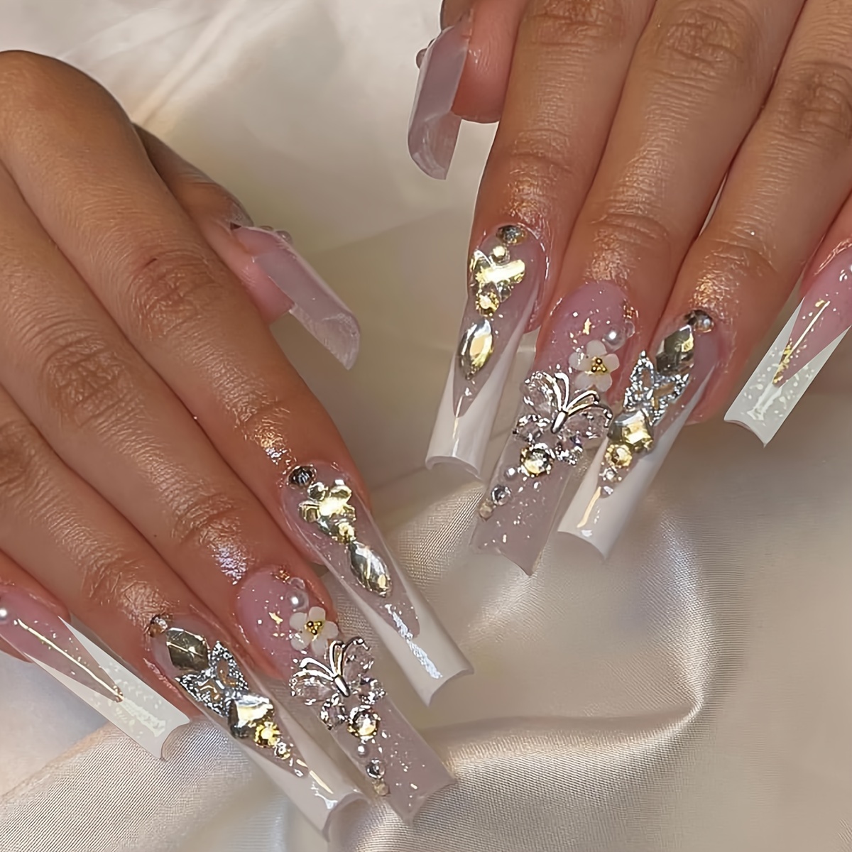 

24pcs Glossy Pinkish Long Square Fake Nails, White French Tip Press On Nails With 3d Flower, Butterfly Ang Golden Heart Rhinestone Design, Luxury False Nails For Women Girls - Dance, Party Wear