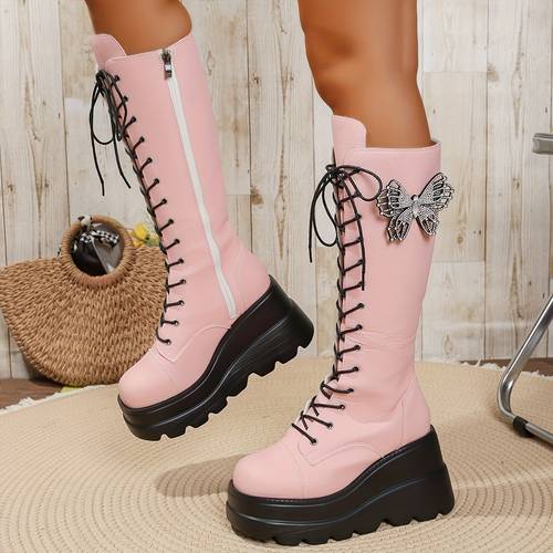 calf rider boots with round toe thick polyurethane sole wedge heel side zipper fashion boots women shoes