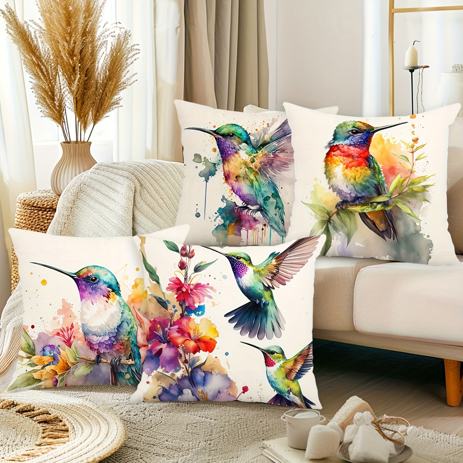 

Set Of 4 Hummingbird Floral Watercolor Throw Pillow Covers, Contemporary Style, Machine Washable, Linen Weave Zippered Cushion Cases For Living Room Decor, Artistic Bird And Print, 18x18 Inch