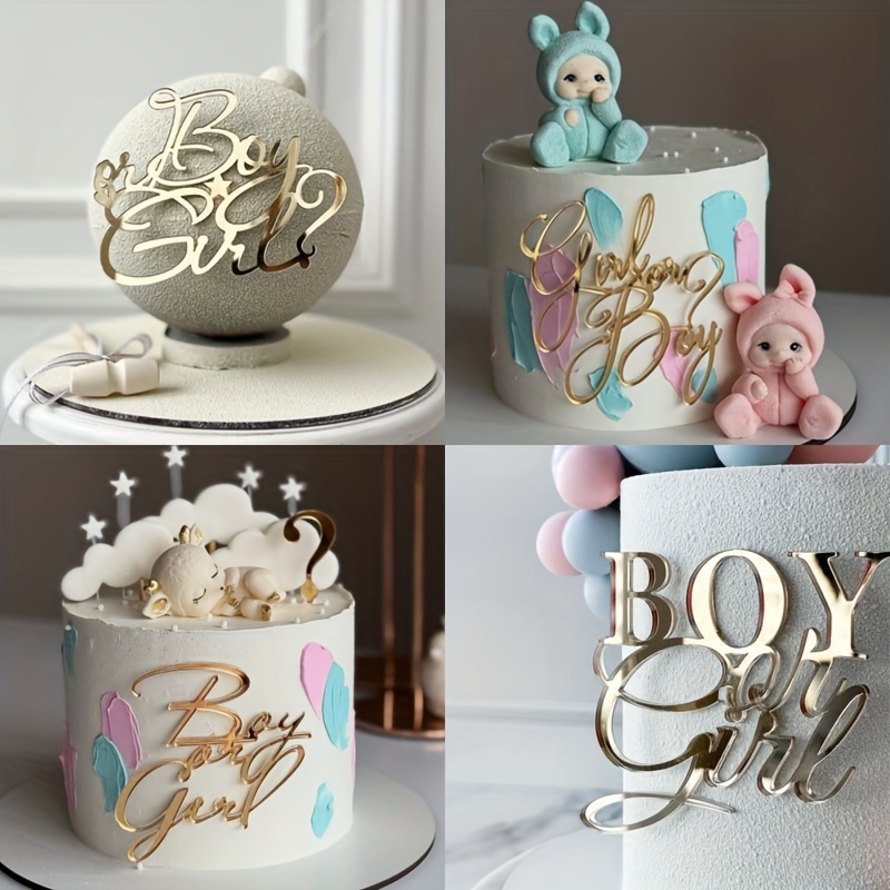 Image of 4pcs Acrylic Topper, Gender Reveal, Baby Shower Cake Decorations, For , Golden Glitter, Party Photo Booth Props, Acrylic Toppers