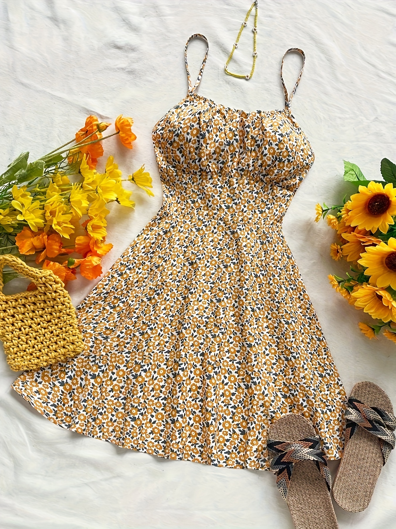 womens ditsy floral backless strap sundress adjustable bow Temu