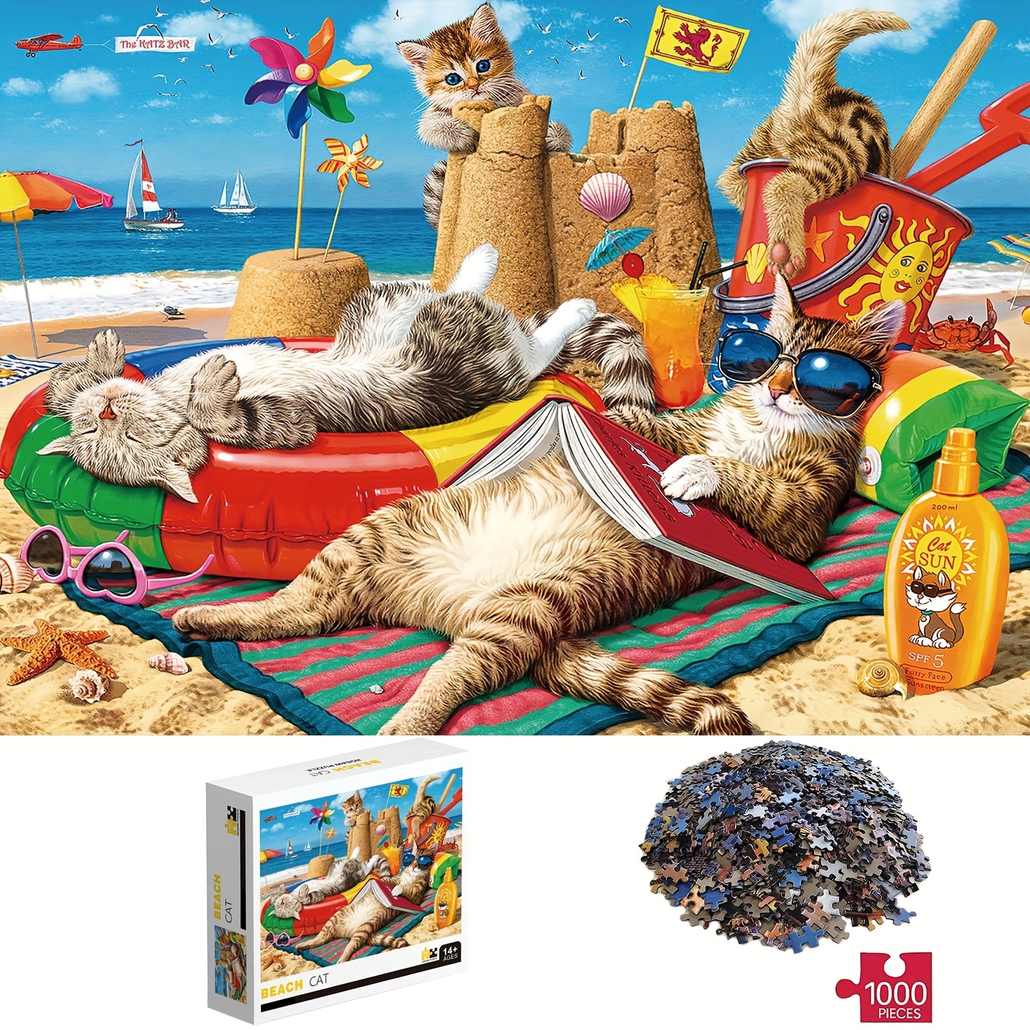 

1000pcs Beach Cats Puzzles, Thick And Durable Seamless Jigsaw Puzzles For Adults Fun Family Challenging Puzzles For Birthday, Christmas, Halloween, Thanksgiving, Easter