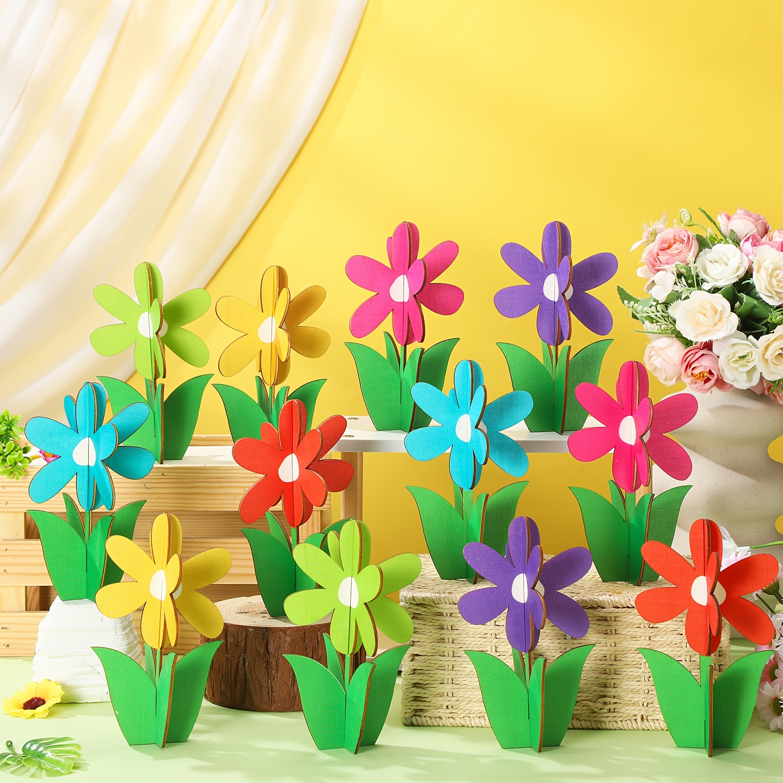 

24 Pcs Summer Flowers Wood Signs Retro 3d Flowers Table Decoration Rustic Farmhouse Flower Table Centerpiece Multicolor Flowers Floral Block Tabletop Signs For Tiered Decor(flower)