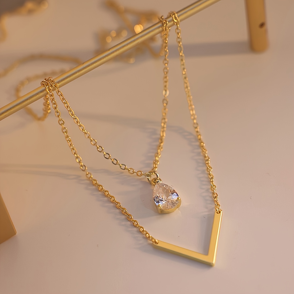TEMU A Stylish V-shaped Teardrop Pendant Necklace For Women, Featuring Synthetic Zirconia. It Has A Vintage Elegant Style With A Easy And , Making It