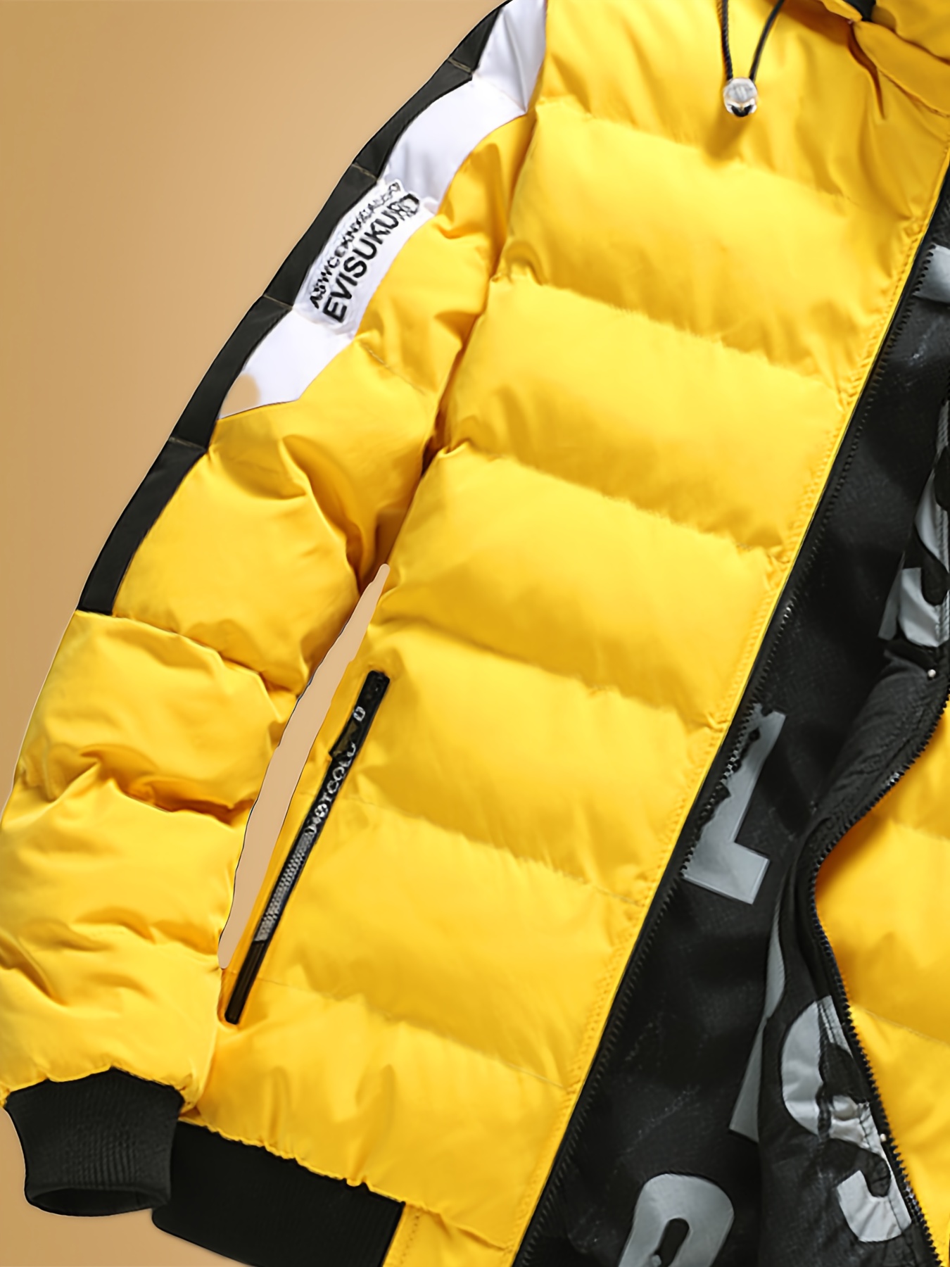 Heren Winterjas met Afneembare Capuchon - Tweekleurige Gele & Volledig met Rits Capuchonjas