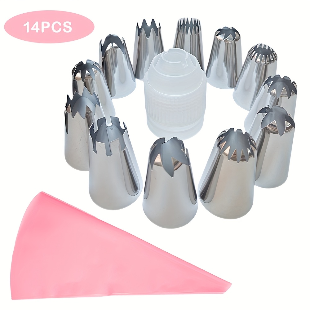E-shop 14 Stück große Spritztüllen und 30 cm rosa Dekospritzbeutel | 3 cm Edelstahl Sahne-Spritzdüsen, für Käse, Butter, Sahne und mehr, ideal für