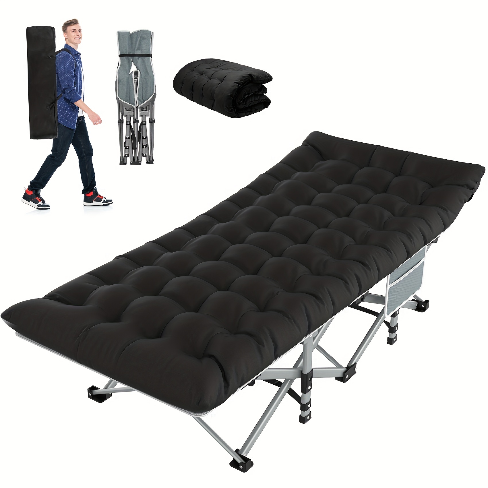 TEMU Camping Cot For Adults, Portable Heavy-duty Cot Bed With Mattress, Foldable Padded Sleeping Cots For Camping Travel Tent Day Outdoor Bed, 450 Lbs, 75x28x15