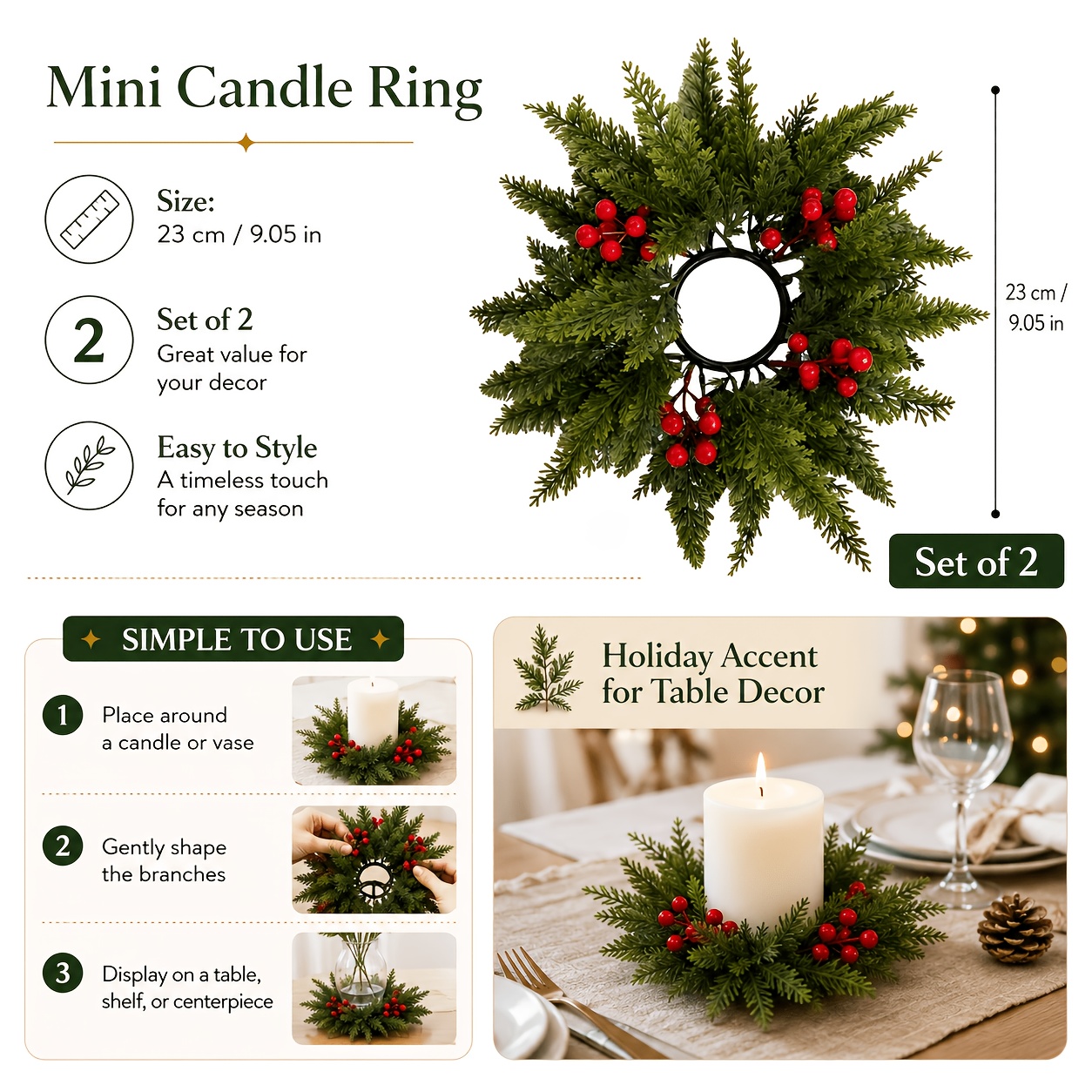 TEMU Lot de 2 couronnes porte-bougies artificielles de Noël avec de houx, avec des aiguilles de pin réalistes et des de houx simulées. Convient comme