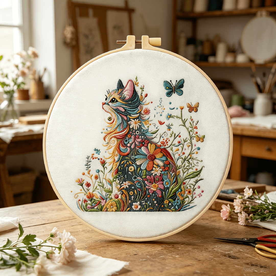 TEMU Adult Beginner Embroidery Kit, Vibrant Floral Cat Pattern Hand Embroidery Includes Patterned Canvas, Hoop, Manual, And Needles, Suitable For