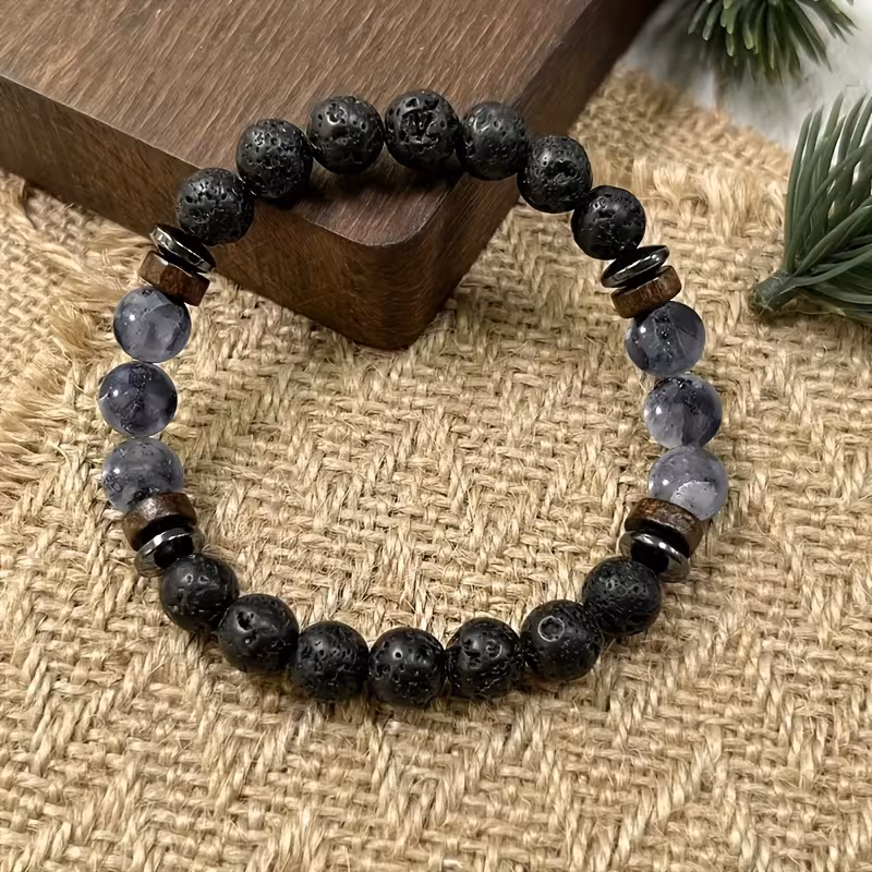 rock obsidian bracelet with round natural stones handmade beads unisex accessory bohemian style birthday and christmas gift unique festive wearable jewellery Product details 2