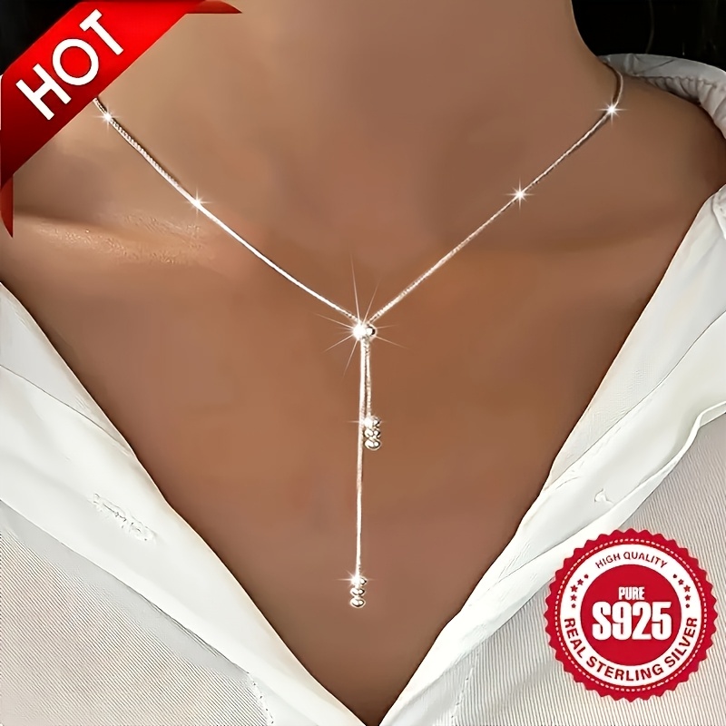 

Elegant 925 Sterling Silvery Y-shaped Necklace With Adjustable Bead Slider - Hypoallergenic, For & Vacation Wear, Perfect Christmas Gift