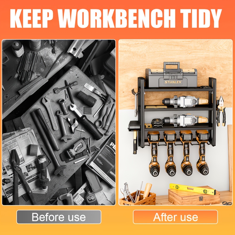 TEMU 4 Layer Power Tool Organizer Storage Rack, Wall Mount Drill Holder For 4 Power Drill Tools, Tool Shelving With Side Screwdriver Rack And Hooks