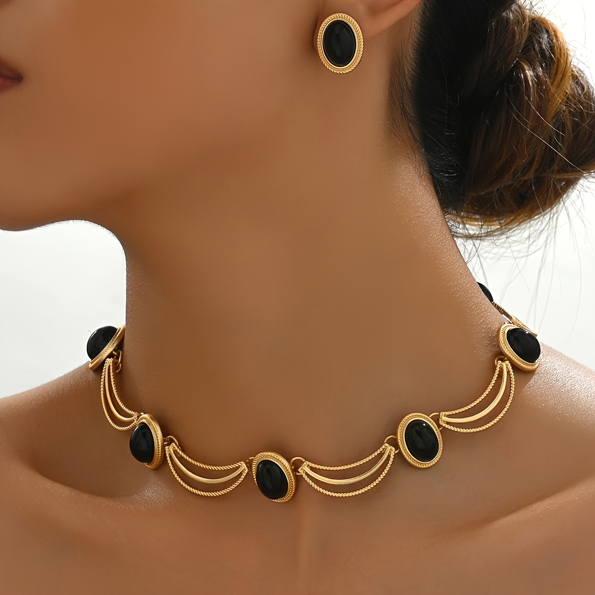 

Boho Jewelry Set - 14k Golden Plated Copper With Black Glass Oval Stones - Elegant Vintage Inspired Necklace And Earrings Set For Party Occasions