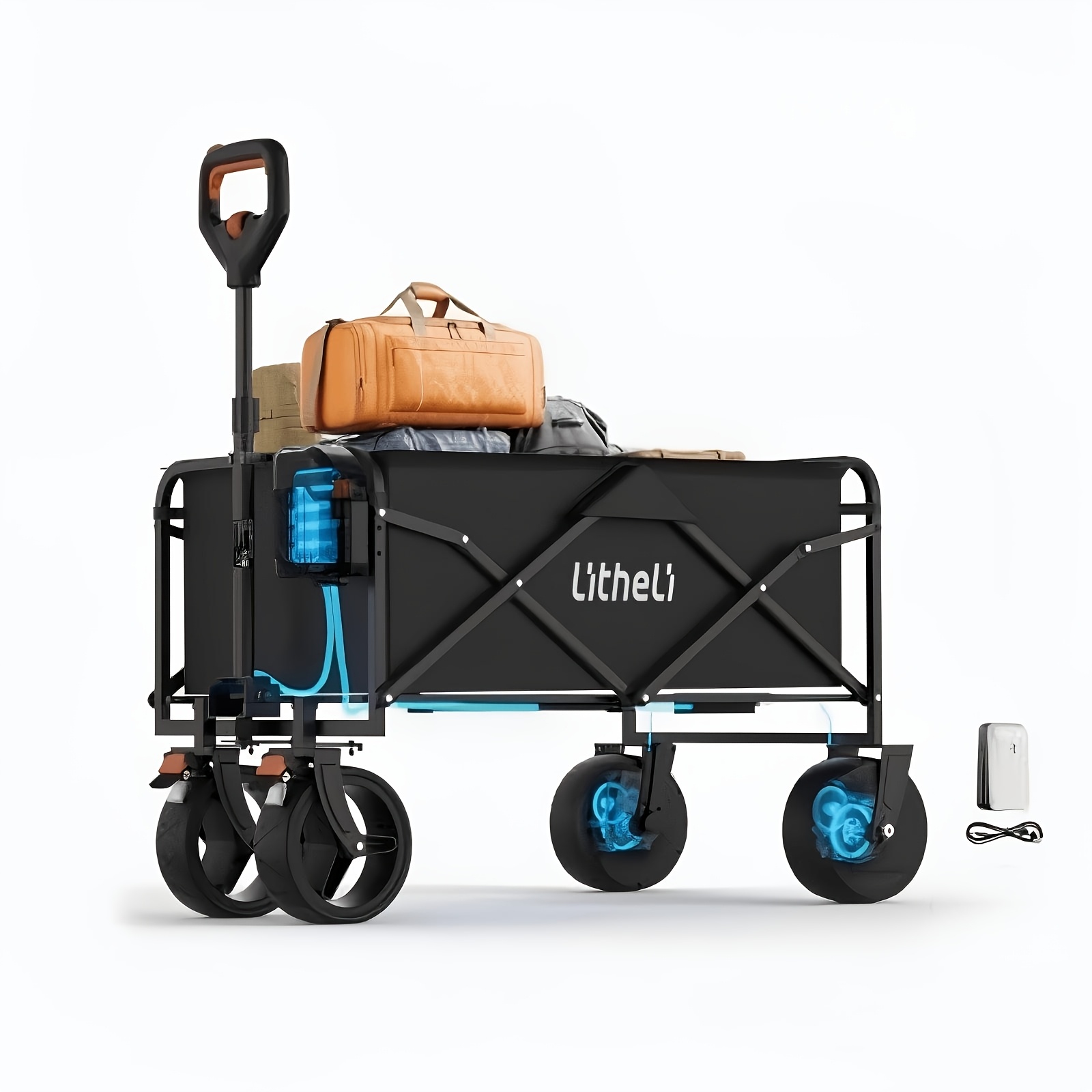 electric collapsible wagon cart foldable 100l portable folding wagon cart with wheels outdoor lightweight utility carts for beach grocery camping shopping and fast charger
