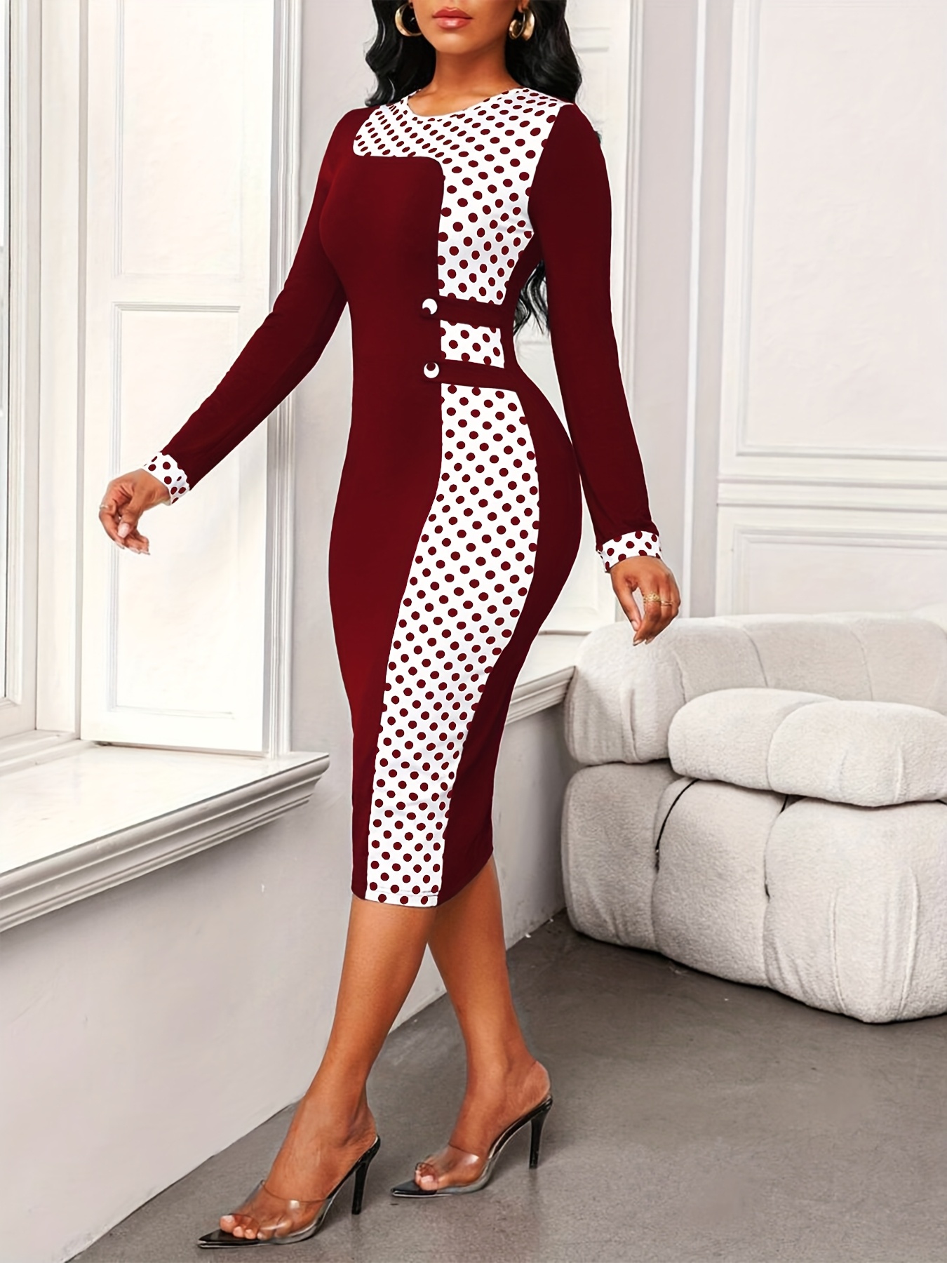1pc elegant bodycon midi dress women polka dot print button - Temu Bahrain