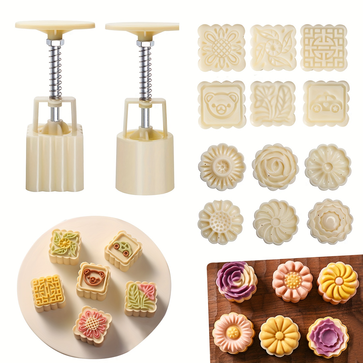 

2 Set Moon Cake Mold: Diy Hand Pressure Cookie Stamps, Pastry Tools, Baking Tool - Includes 2 Pieces Mold And 12 Pieces Stamps, Flower Round And Square Shaped Cookie Mold, Baking Festive Treats