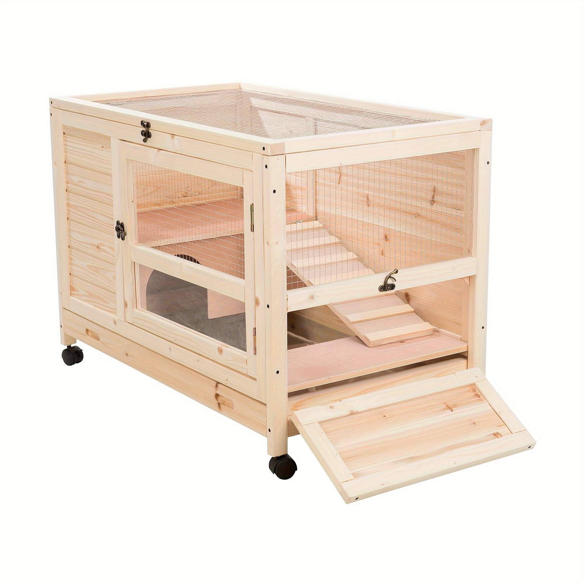 wooden rabbit hutch outdoor indoor bunny cage with pull out tray two story animal house pet shelter fir wood bunny home with wheels size 53x35x63 5 inches
