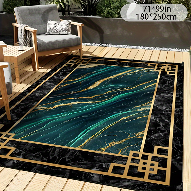 

Luxurious Green Marble Pattern Outdoor Rug - Non-slip, Machine Washable Polyester Carpet For Living Room, Bedroom, Kitchen, And More - Durable & Stylish