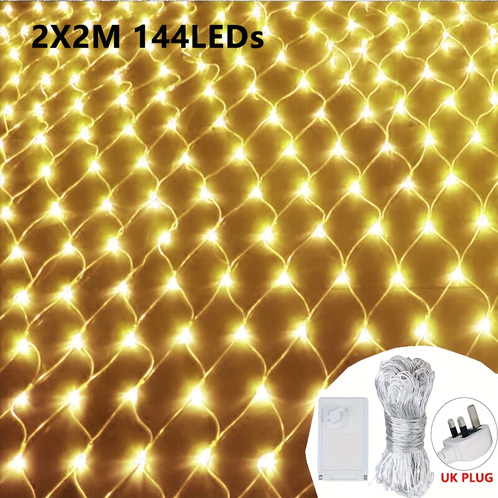 TEMU Net Mesh Light, 8 Christmas Led Light, For Indoor Outdoor Xmas Tree Castle Halloween Christmas Wedding Party Decoration, Uk Plug, 2x2m 144leds,