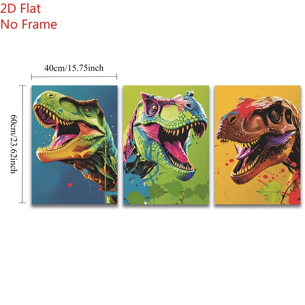 TEMU 2d Flat, 3pcs Dinosaur Art Canvas Poster Set, Vivid Dinosaur Wall Decor, Modern Prehistoric Themed Artwork, Suitable For Home And Office,