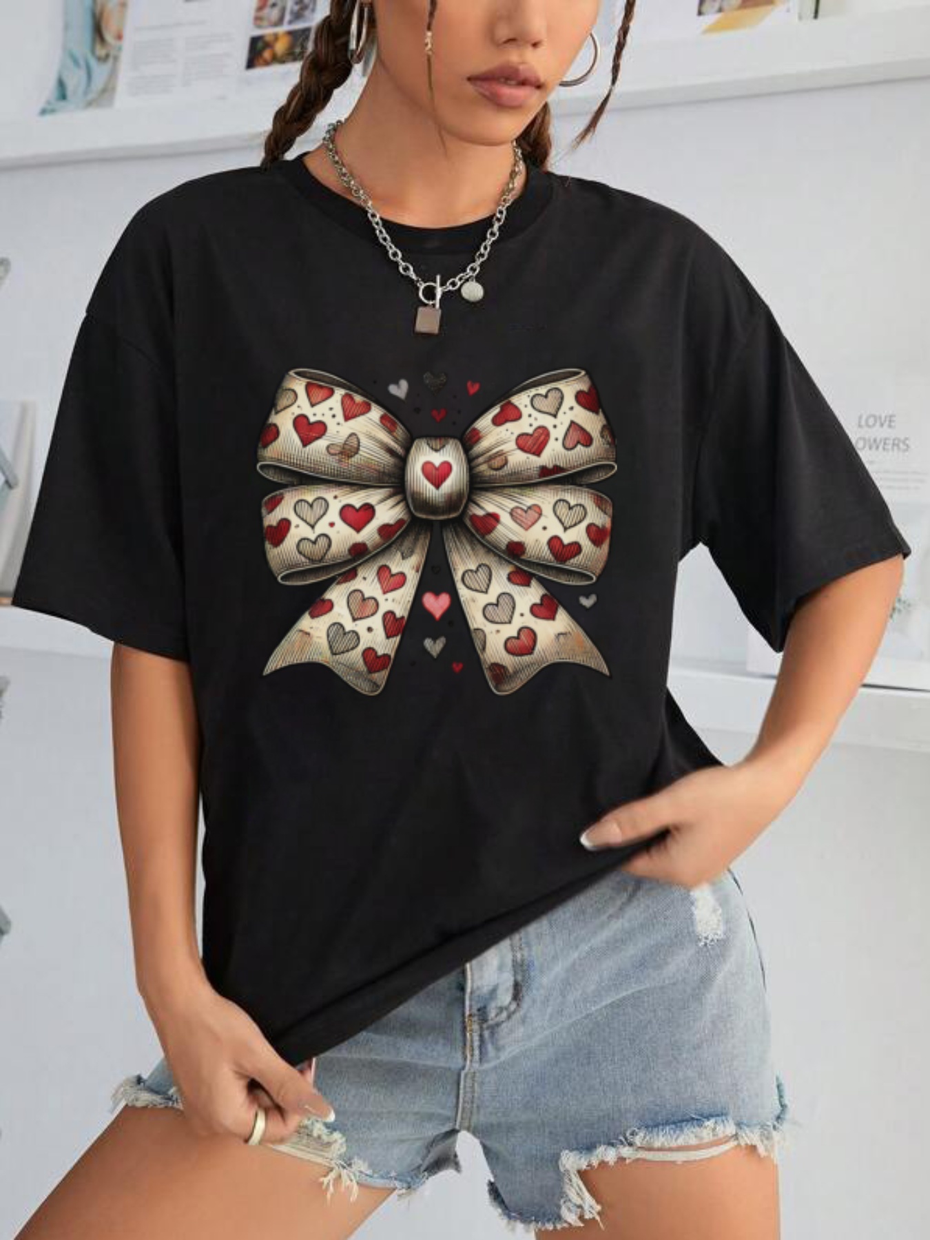 1pc T-Shirt Décontracté pour Femme à Col Haut et Manches Courtes Imprimé  Ballon Cœur Noir Blanc, Tissu Lavable en Machine Non Extensible, Haut Con