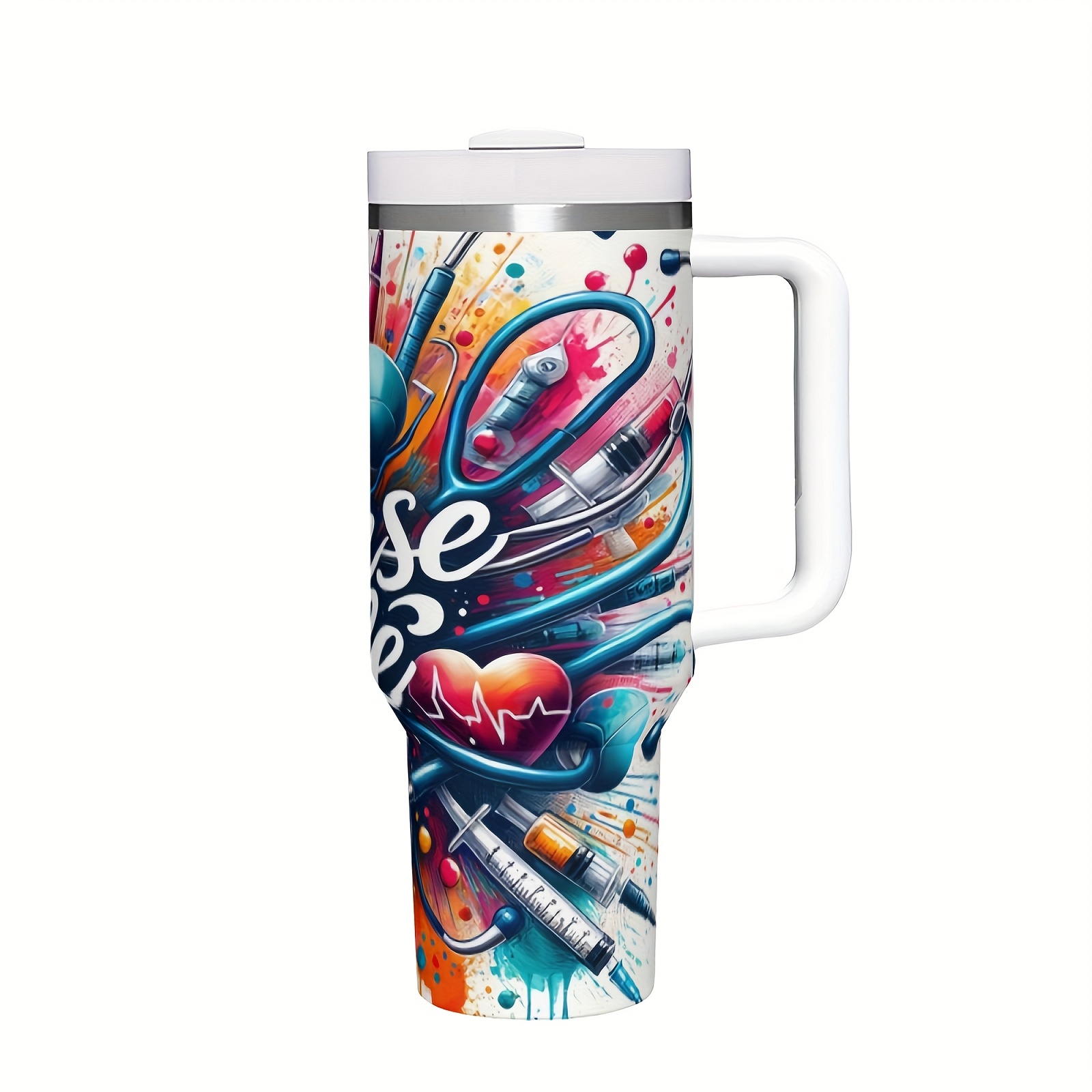 

1pc Nurse Life 40oz Insulated Stainless Mug With Handle - Vibrant Design, Beverages, Ideal Gift For Professionals, Bpa-free, Hand Wash Only, Nurse Coffee Mug