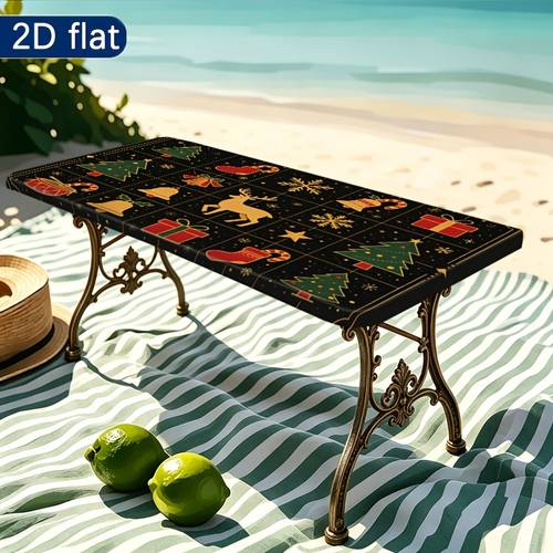 imagen del artículo mantel elástico 2d, 1 pieza, con de de navidad dorado, de nieve, reno, campana, calcetín de regalo y estrella sobre , diseño festivo para interiores, exteriores, patio, pícnic, camping, , rectangular, 2d
