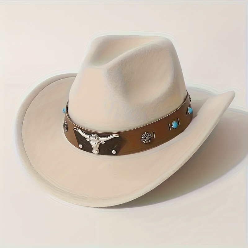 TEMU Women's Hat, Fashionable Peach Wide Brim Felt Hat With Brown Wide Belt And Silvery Metal Decoration, Outdoor For Parties, Unisex Western Cowboy