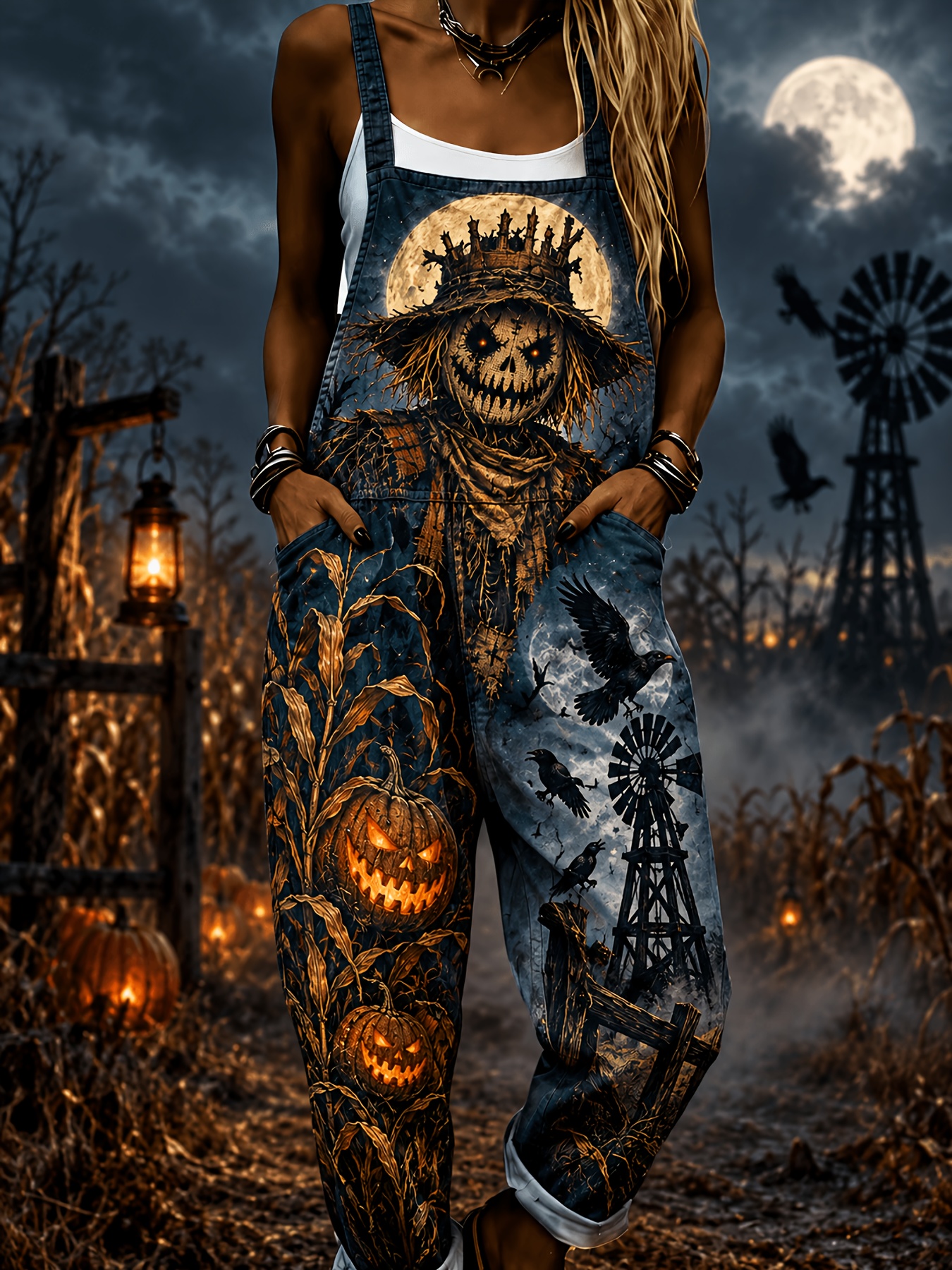 2026 new womens retro halloween     print overalls overalls designed for curvy women casual loose fit bib jumpsuit with long pants elegant autumn casual attire
