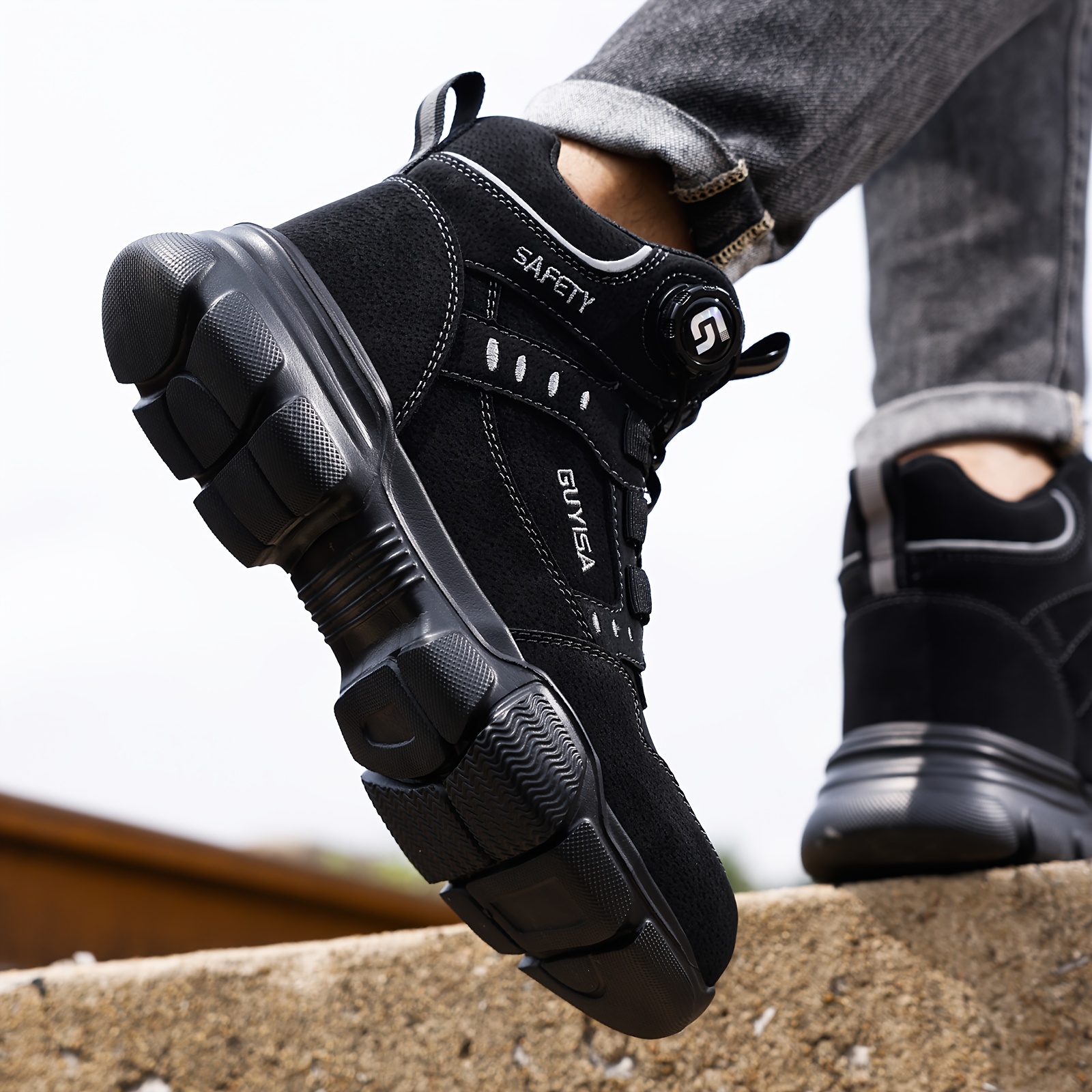 1 pair mens high top work shoes steel toe safety sneakers with side comfortable anti smash anti puncture casual sports footwear solid color round toe eva sole fabric new retro style college style movement style spring autumn spring summer details 9